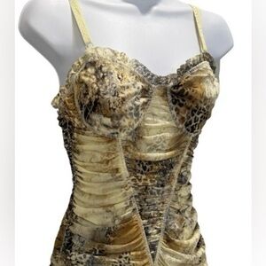 Vintage Y2K Leopard Mesh Ruched Bodycon Mini Dress Spaghetti Strap Prom Party S